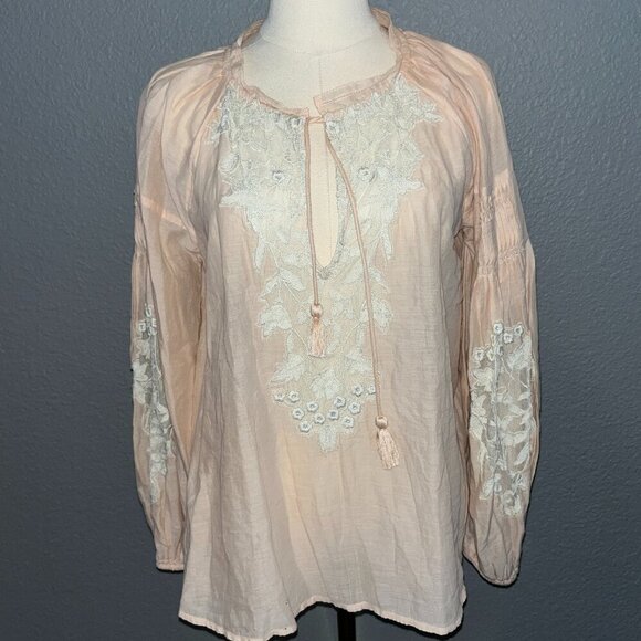 FREE PEOPLE Peach & Lace Peasant Top Long Sleeve Balloon Sleeves - Boho -EUC -XS - Picture 1 of 12